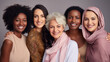 © Irina Sharnina - Five happy women of different races and ages pose together in the studio on a gray background. Multiethnic group of diverse women
