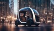 Electric Urban Pod, a compact electric urban pod navigating through a smart city