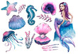 A set of cute mermaids and underwater inhabitants