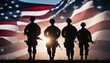 silhouette of American soldiers in front of the American flag
