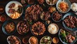Korean BBQ Spread, a vibrant spread of Korean BBQ meats and sides, set in a lively, modern Korean