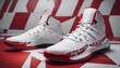 white coloured unbranded basketball shoe model with red color patterns, isolated white background
