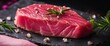 Tuna Steak Spotlight, a single, high-quality tuna steak with vivid pink hues, placed on a dark