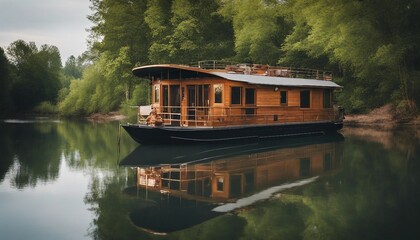 Tranquil River Houseboat, a cozy houseboat on a peaceful river, surrounded by natural beauty