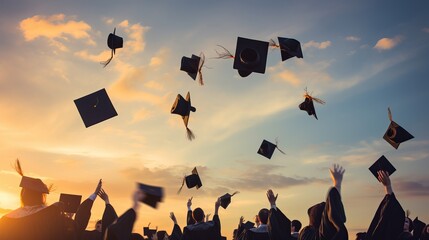 Wall Mural - During the evening light ceremony on graduation day, a graduation cap is thrown into the air with a sky background.