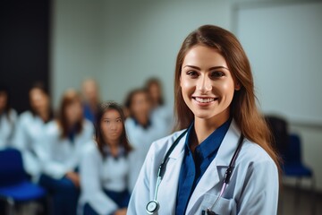 Wall Mural - An authentic portrayal of a female doctor or nurse, confidently smiling and standing in the front row of a medical training class or seminar room, offering ample copy space in the background