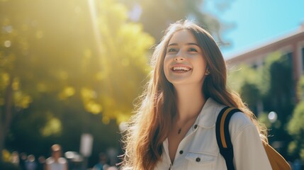 Canvas Print - Captivating close-up of a smiling young girl enjoying a sunny day while walking through the scenic pathways of her college campus