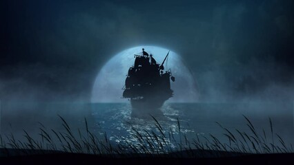 Wall Mural - ship silhouette blowing grass in the full moon 4k loop features a scene with an ocean and full moon 