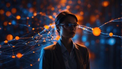 individual surrounded by a network of digital connections in a dark environment illuminated by blue and orange bokeh lights integrated into his clothing. fusion of man with technology and cyberspace