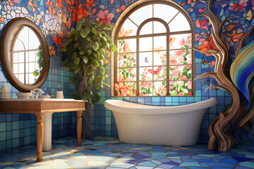 Poster - Whimsical bathroom with full color tile mosaic artwork