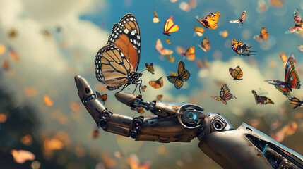 Butterfly on robot hand, technology and nature