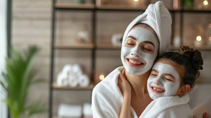 smiling woman with a face mask and a towel wrapped around her head is holding a young child