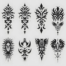 Neo Tribal Tattoo Set, Vector Celtic Gothic Cyber Body Ornament Shapes Kit, Abstract Hawaiian Sign. Maori Sleeve Symbol Y2k Polynesian Metal Abstract Symmetry Swirl Wing. Neo Tribal Silhouette Clipart