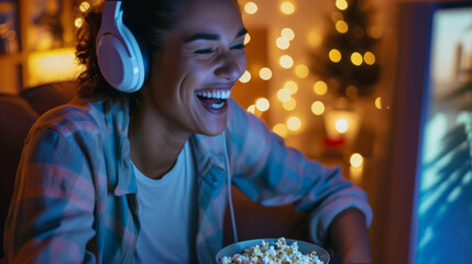 Canvas Print - young woman enjoying herself while watching content on a computer screen