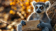 The Lemur Is Grasping A Blank Cardboard Against A Natural Landscape Background