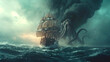 Epic Sea Battle with Mythical Kraken created with Generative AI technology