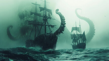 Wall Mural - Epic Sea Battle with Mythical Kraken created with Generative AI technology