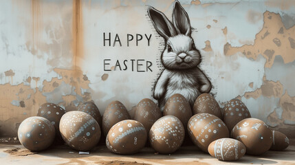 Wall Mural - A big Easter bunny painted on a wall with stencil and some Easter decorated eggs nearby. Urban street art. 