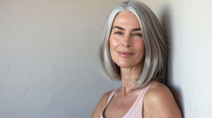 Canvas Print - mature woman with grey hair leaning against a beige wall, smiling gently at the camera