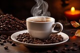 Fototapeta  - Cup of coffee with coffee beans closeup dark background