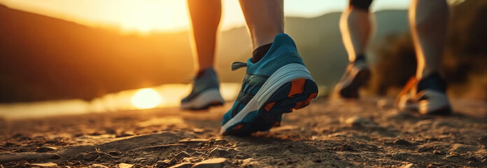 Closeup of running shoes in nature Mountain river at sunset.