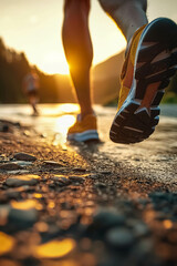 Wall Mural - Closeup of running shoes in nature Mountain river at sunset.