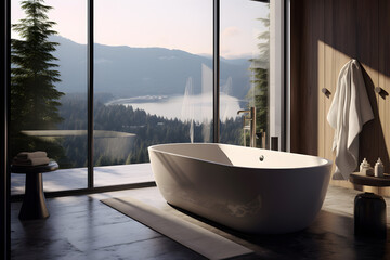 Wall Mural - A bathroom with a soaking tub overlooking a scenic view