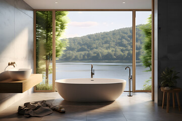 Wall Mural - A bathroom with a soaking tub overlooking a scenic view