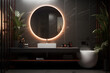 A bathroom with a statement mirror and backlit LED lighting