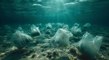 Fototapeta Do akwarium - A mesmerizing scene of plastic bags floating amongst the vibrant coral reef, a heartbreaking reminder of the devastating impact of human pollution on our delicate underwater world