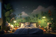 A bedroom with a modern jungle themed mural 