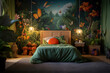 A bedroom with a modern jungle themed mural 