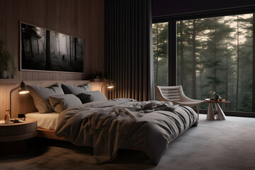 Wall Mural - A bedroom with a wall of windows and blackout curtains