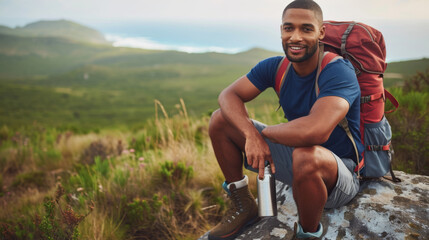 Wall Mural - man with a large red backpack sitting on a rock, taking a break during a hike and enjoying the natural landscape around him