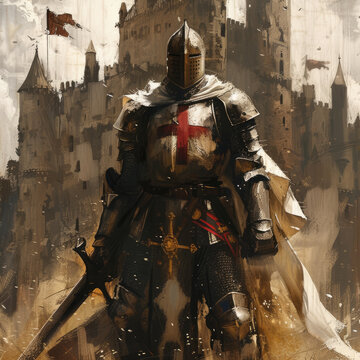 crusader knight with a sword against the backdrop of an ancient castle. medieval knight in heavy arm