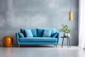 Wall Mural - Luxurious blue velvet sofa in Modern Living Space on empty concrete wall background