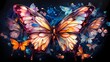 A mesmerizing dance of holographic butterflies, their wings reflecting a myriad of colors, against a backdrop of cosmic onyx