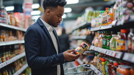 Wall Mural - man in a grocery store aisle, carefully examining a product he is holding in his hands
