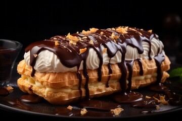 Wall Mural - Appetizing chocolate eclair. Traditional American cuisine. Popular authentic desserts. Background with selective focus