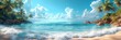A calm panoramic beach scene with blue waters, sunny skies, and sandy shores.