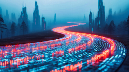 Wall Mural - Night City Traffic: Urban Highway with Light Trails, Modern Architecture and Speed Concept