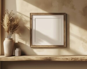 blank empty photo frame mockup sitting on a wooden shelf