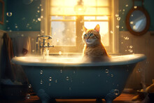 Close Up Of Cute  Cat Looks Out Of The Bath. Sweet Kitten Washes And Swims