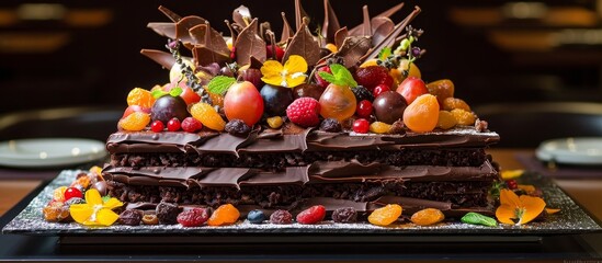 Wall Mural - Dried fruit adorned chocolate cake - a stunningly decorated masterpiece with luscious layers of chocolate, cake, and an assortment of dried fruits.