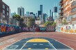 © Bijac - Energetic urban basketball court with graffiti and skyline backdrop