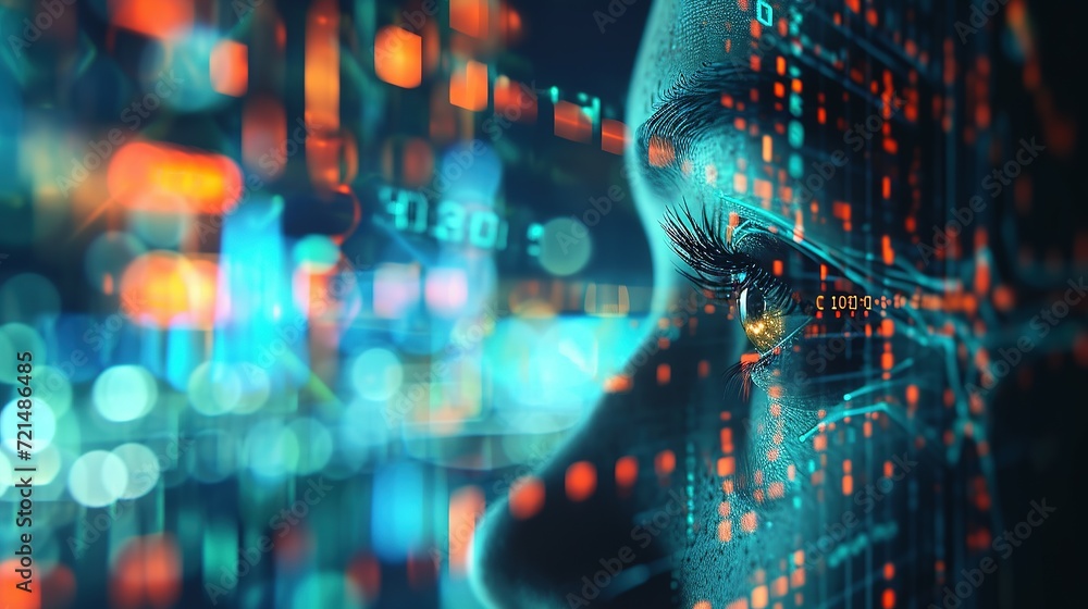 Cyber security and data protection concept. Female eye with binary code ...