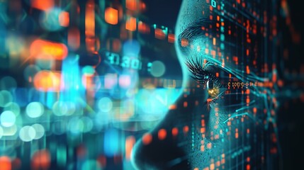 Cyber security and data protection concept. Female eye with binary code and blurry city lights, Cyber security and data protection concept with woman face and binary code