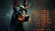 Dog Doberman developer. Doberman Dog programmer. Horizontal banking poster background for advertisement. Photo AI Generated
