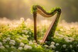 © apratim - A beautiful harp adorned with green ivy standing amidst a blooming meadow, illuminated by the warm golden sunlight.