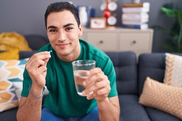 Sticker - Young hispanic man taking pill sitting on sofa at home